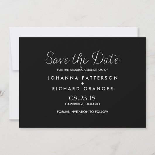 Black Dainty Script Save Our Date Announance Kaart (Achterkant)