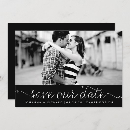 Black Dainty Script Save Our Date Announance Kaart (Voorkant / Achterkant)