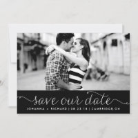 Black Dainty Script Save Our Date Announance