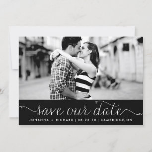 Black Dainty Script Save Our Date Announance Kaart