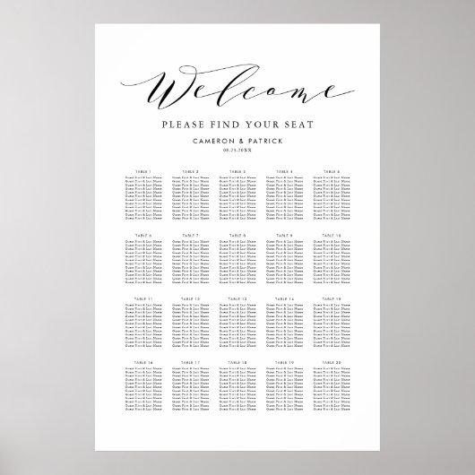 Black Dainty Script Wedding Seating Chart Poster (Voorkant)