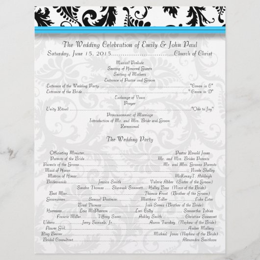 Black Damak Swirls Bright Aqua Wedding Program (Voorkant)