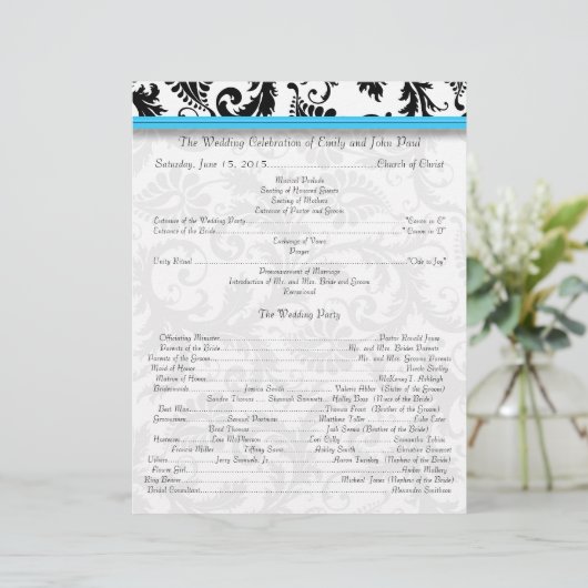 Black Damak Swirls Bright Aqua Wedding Program (Staand voorkant)