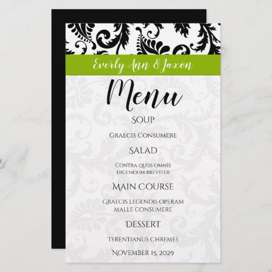 Black Damak Swirls Monogram Apple Green Menu (Voorkant / Achterkant)