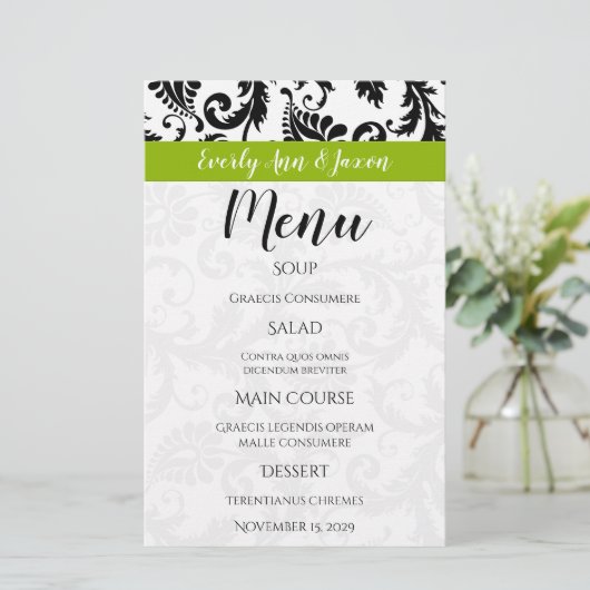 Black Damak Swirls Monogram Apple Green Menu (Staand voorkant)