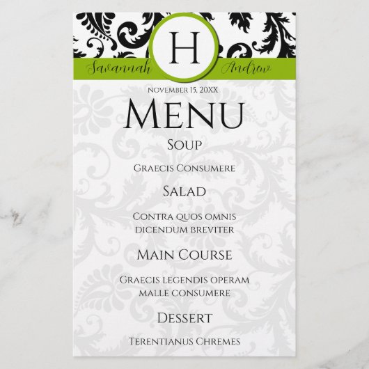 Black Damak Swirls Monogram Apple Green Menu (Voorkant)