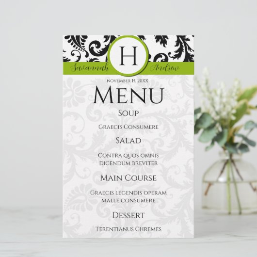 Black Damak Swirls Monogram Apple Green Menu (Staand voorkant)