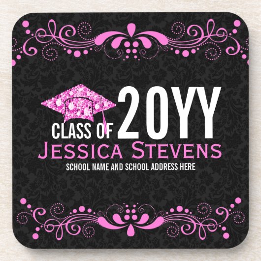 Black Damascus Pinke Lace & Diamonds Pet Afstudeer Bier Onderzetter (Voorkant)