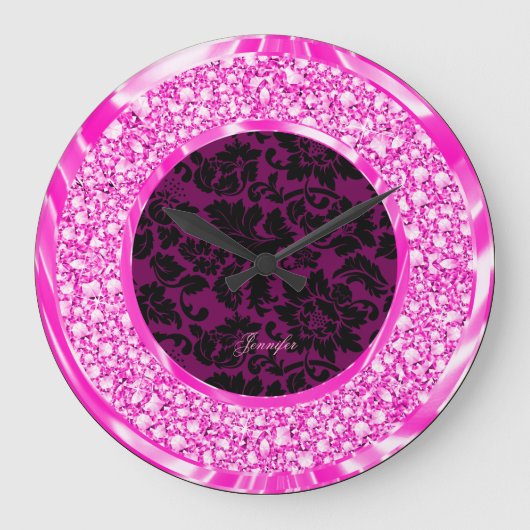 Black Damascus Sparking Pink Diamonds Glitter Grote Klok (Voorkant)
