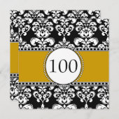Black Damask 100th Birthday Invitations Gold Kaart (Voorkant / Achterkant)
