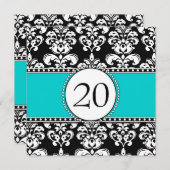 Black Damask 20th Birthday Invitations Aqua Blue Kaart (Voorkant / Achterkant)