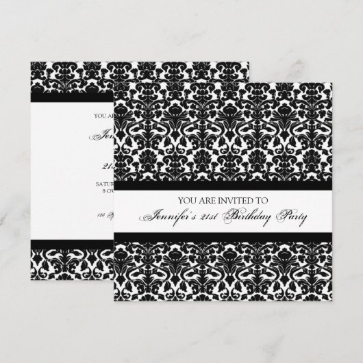 Black Damask 21st Birthday Party-uitnodigingen Kaart (Voorkant / Achterkant)