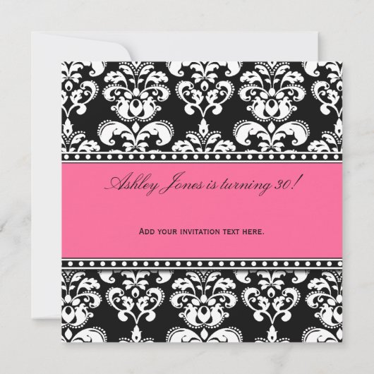 Black Damask 30th Birthday Invitations Pink Kaart (Achterkant)