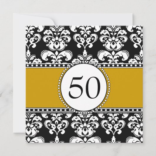 Black Damask 50th Birthday Invitations Gold Kaart (Voorkant)