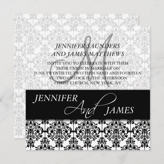 Black Damask 5 Monogram Naam Wedding Invitaties Kaart (Voorkant / Achterkant)