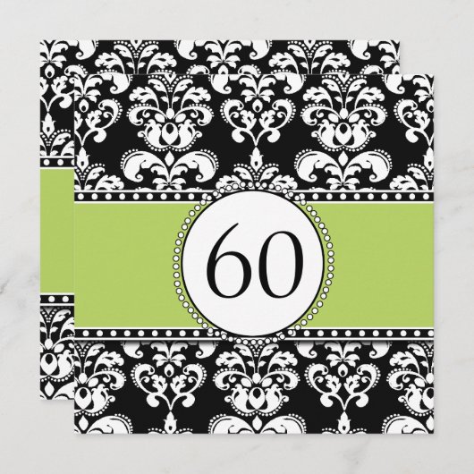 Black Damask 60th Birthday Invitation | Groen Kaart (Voorkant / Achterkant)