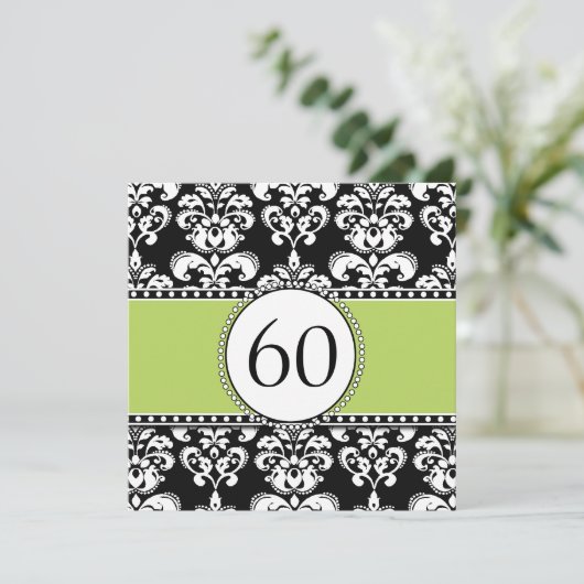 Black Damask 60th Birthday Invitation | Groen Kaart (Staand voorkant)