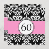 Black Damask 60th Birthday Invitation | Roze Kaart (Voorkant / Achterkant)