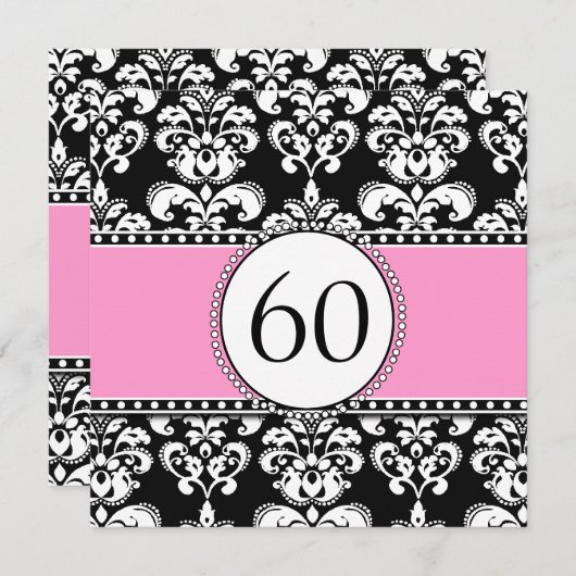 Black Damask 60th Birthday Invitation | Roze Kaart (Voorkant / Achterkant)