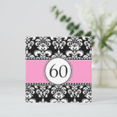 Black Damask 60th Birthday Invitation | Roze Kaart (Staand voorkant)