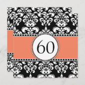 Black Damask 60th Birthday Invitation | Sinaasappe Kaart (Voorkant / Achterkant)
