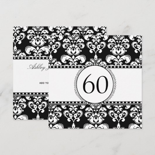 Black Damask 60th Birthday Invitation | wit Kaart (Voorkant / Achterkant)