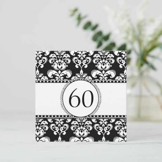 Black Damask 60th Birthday Invitation | wit Kaart (Staand voorkant)