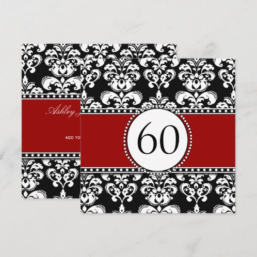 Black Damask 60th Birthday Invitations Red Kaart (Voorkant / Achterkant)