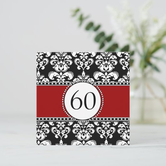Black Damask 60th Birthday Invitations Red Kaart (Staand voorkant)