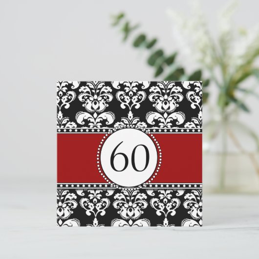 Black Damask 60th Birthday Invitations Red Kaart (Staand voorkant)