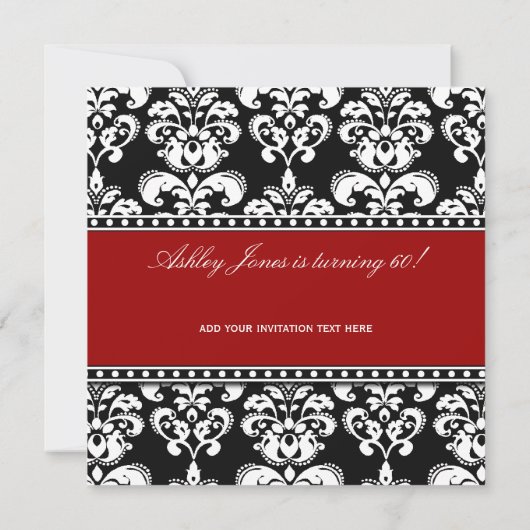 Black Damask 60th Birthday Invitations Red Kaart (Achterkant)