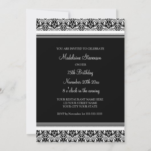 Black Damask 75th Birthday Party-uitnodigingen Kaart (Achterkant)