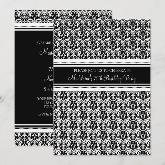 Black Damask 75th Birthday Party-uitnodigingen Kaart (Voorkant / Achterkant)