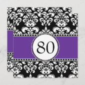 Black Damask 80th Birthday Invitations Paars Kaart (Voorkant / Achterkant)