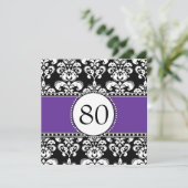 Black Damask 80th Birthday Invitations Paars Kaart (Staand voorkant)