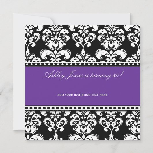 Black Damask 80th Birthday Invitations Paars Kaart (Achterkant)