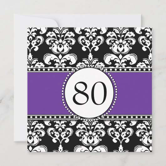Black Damask 80th Birthday Invitations Paars Kaart (Voorkant)