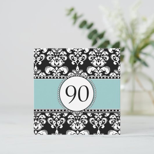 Black Damask 90th Birthday Invitations Blue Kaart (Staand voorkant)