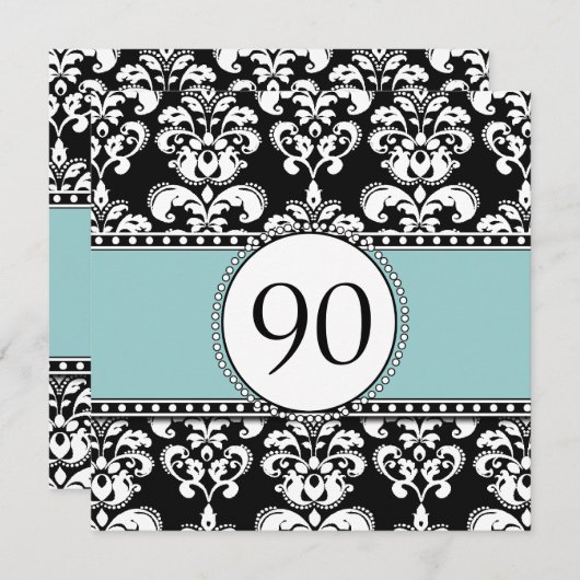 Black Damask 90th Birthday Invitations Blue Kaart (Voorkant / Achterkant)