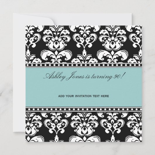 Black Damask 90th Birthday Invitations Blue Kaart (Achterkant)