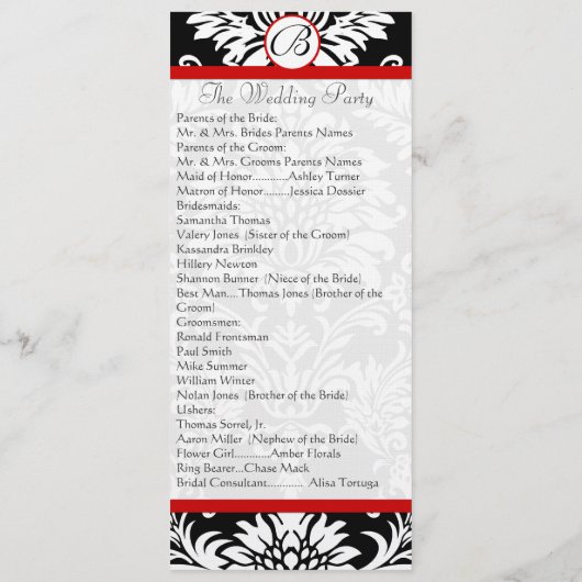 Black Damask 9x4 Red Trim Wedding Program Programmakaart (Achterkant)