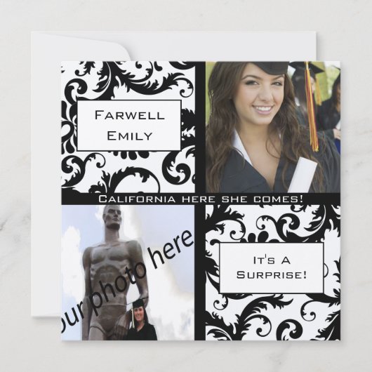 Black Damask Afstuderen Farewell Invitation Kaart (Voorkant)