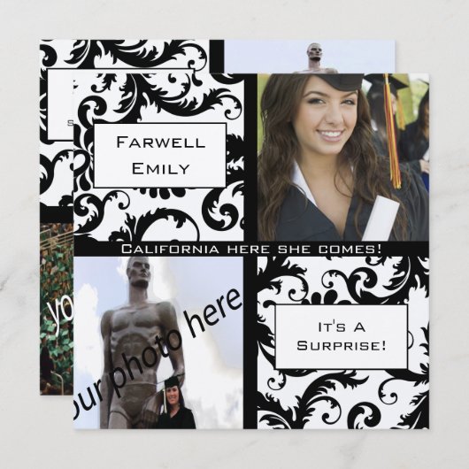 Black Damask Afstuderen Farewell Invitation Kaart (Voorkant / Achterkant)