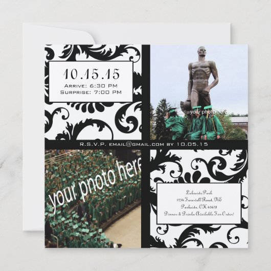 Black Damask Afstuderen Farewell Invitation Kaart (Achterkant)