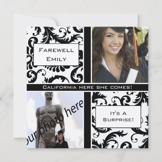 Black Damask Afstuderen Farewell Invitation Kaart (Voorkant)