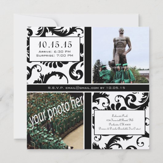 Black Damask Afstuderen Farewell Invitation Kaart (Achterkant)