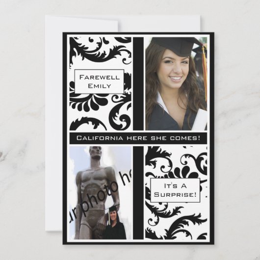 Black Damask Afstuderen Farewell Invitation Kaart (Voorkant)