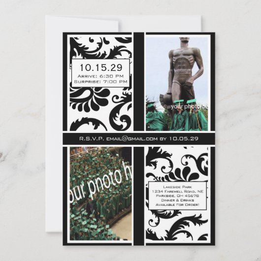 Black Damask Afstuderen Farewell Invitation Kaart (Achterkant)