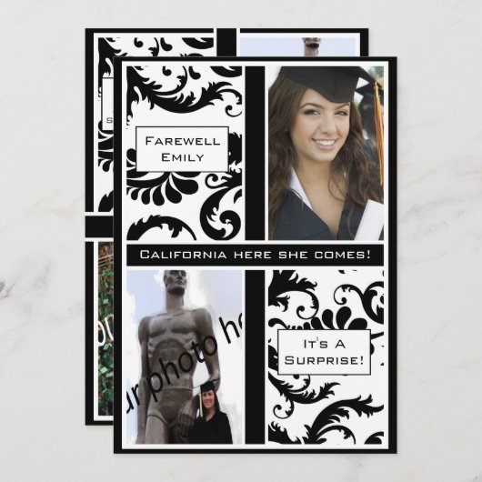 Black Damask Afstuderen Farewell Invitation Kaart (Voorkant / Achterkant)