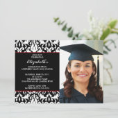 Black Damask Afstuderen Invitation met foto Kaart (Staand voorkant)